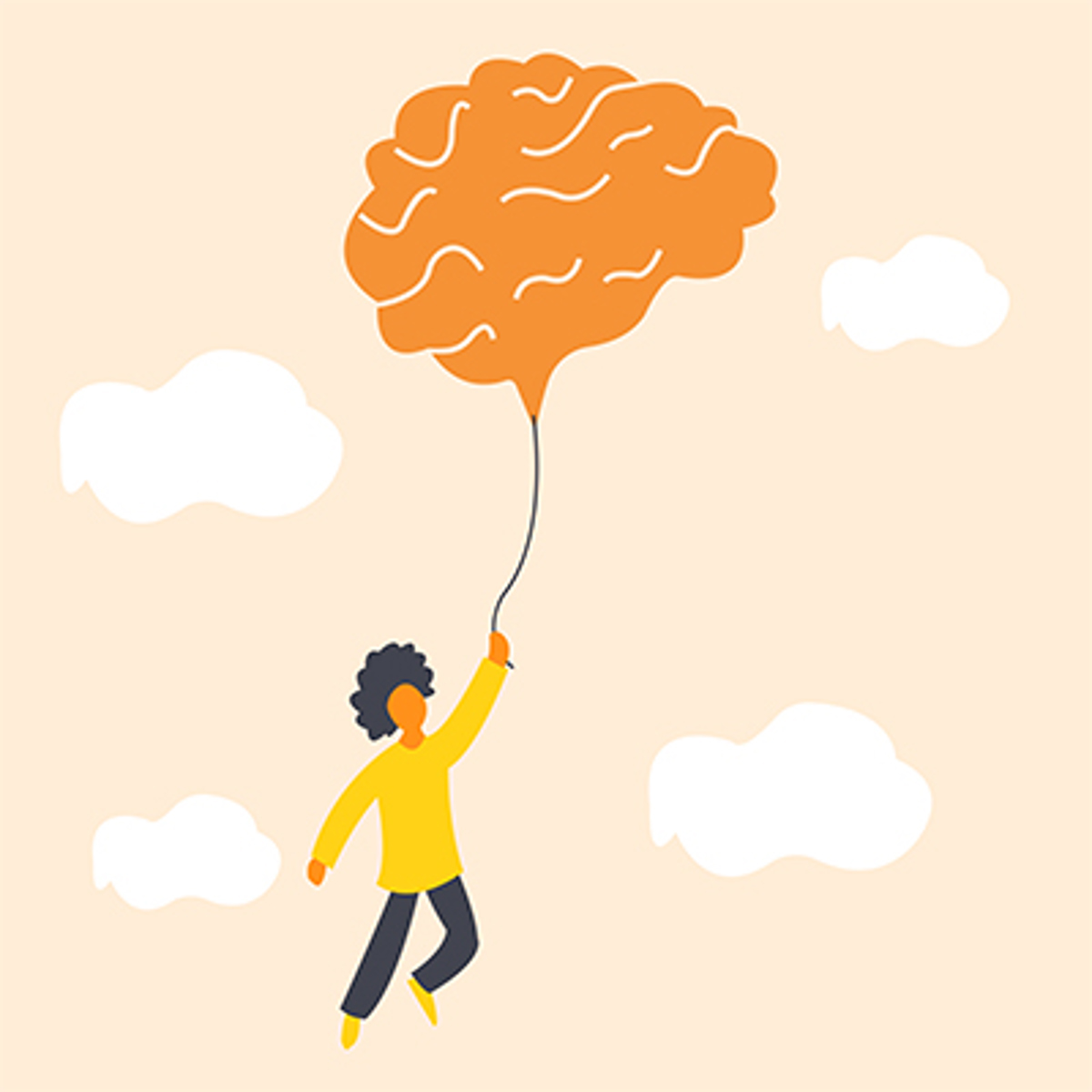 Illustration of female in clouds holding balloon that looks like a brain