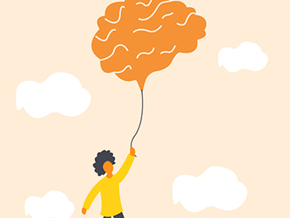 Illustration of female in clouds holding balloon that looks like a brain