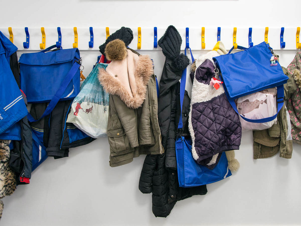 school-environment coat hangers filled with children's bags and coats
