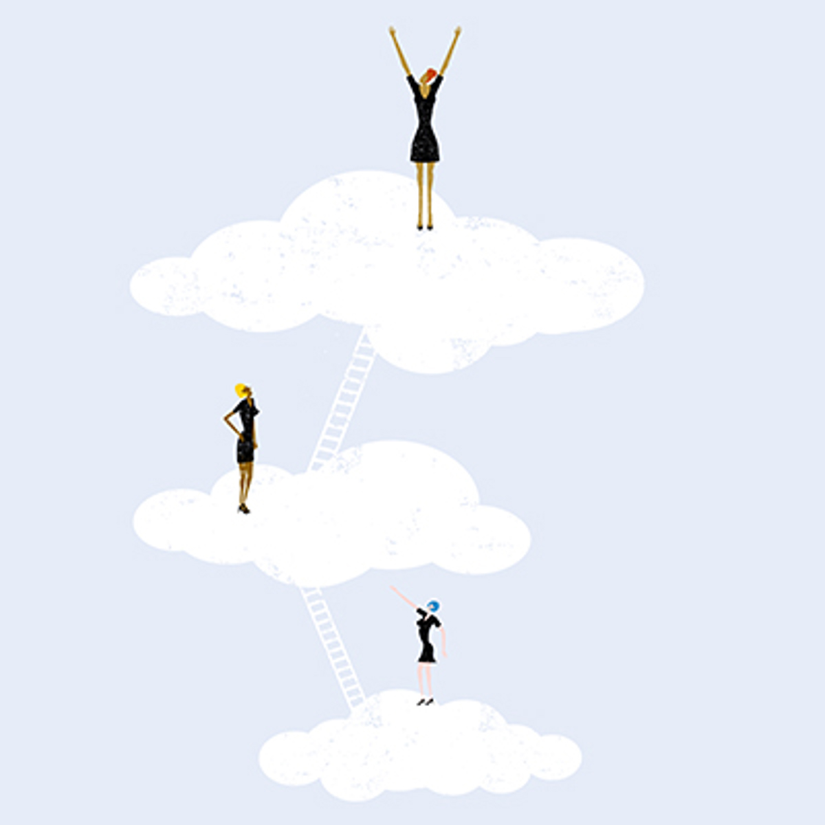 Illustration showing figures moving between clouds