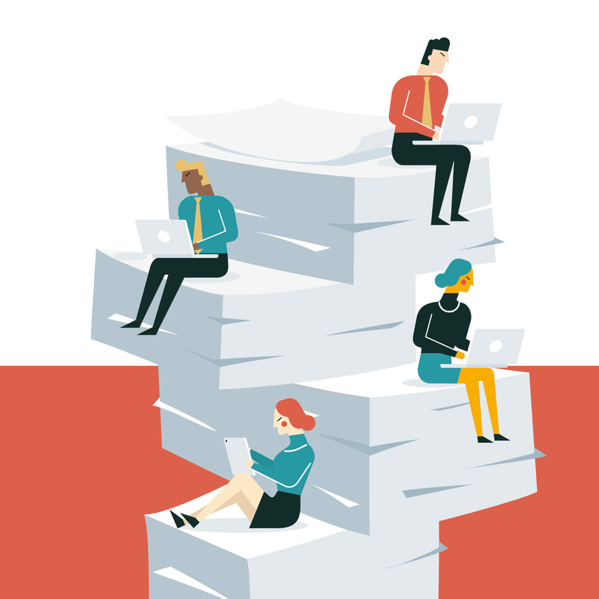 Illustration of people on piles of paperwork