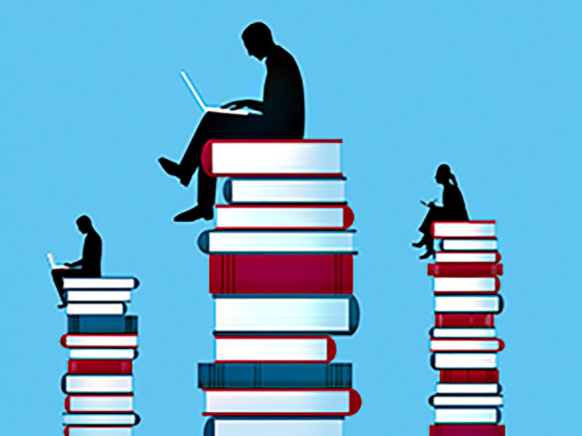 Illustration of people sitting atop stacks of books