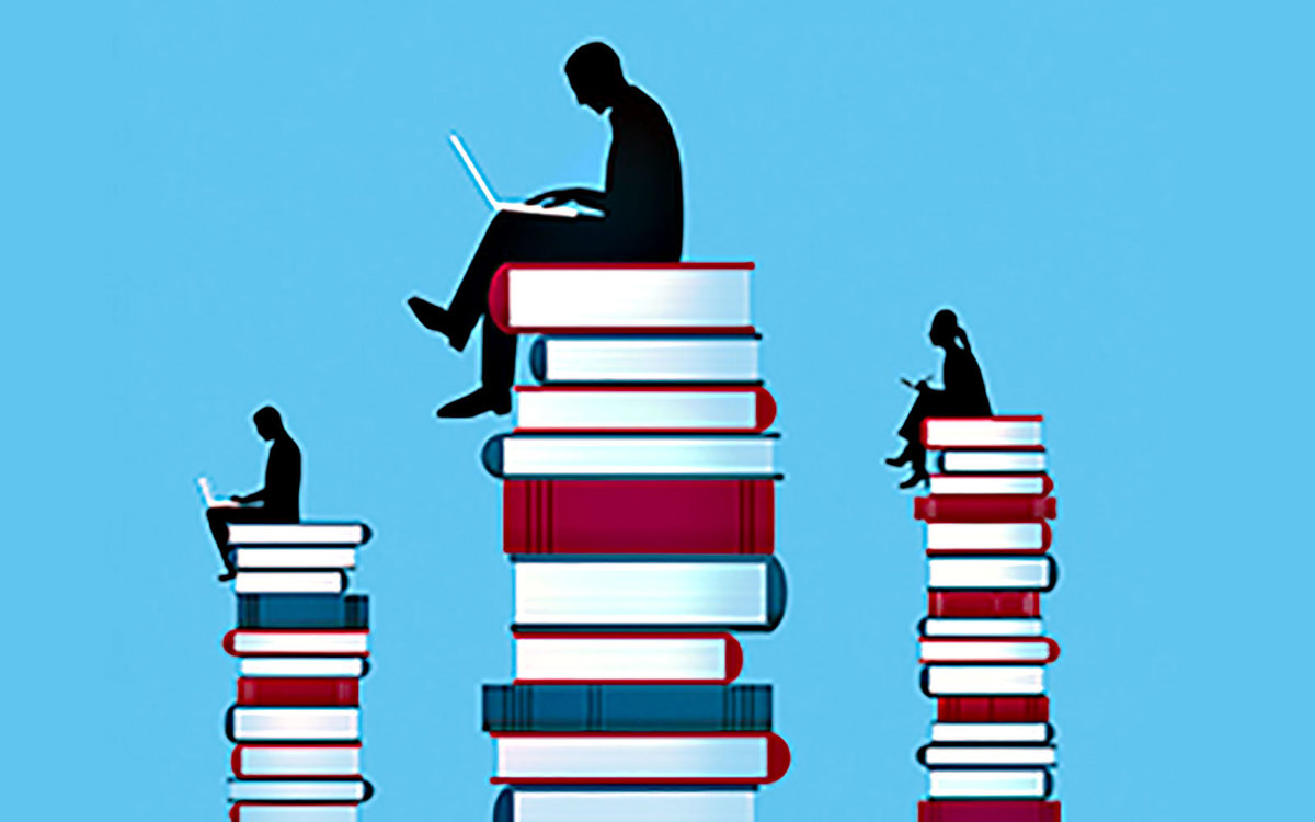 Illustration of people sitting atop stacks of books