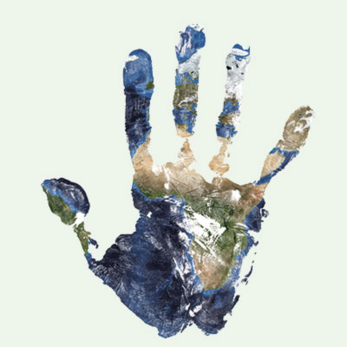 Illustration of handprint over map of earth