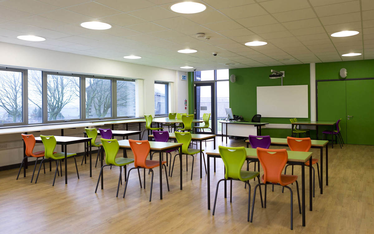 school-environment large empty colourful classroom